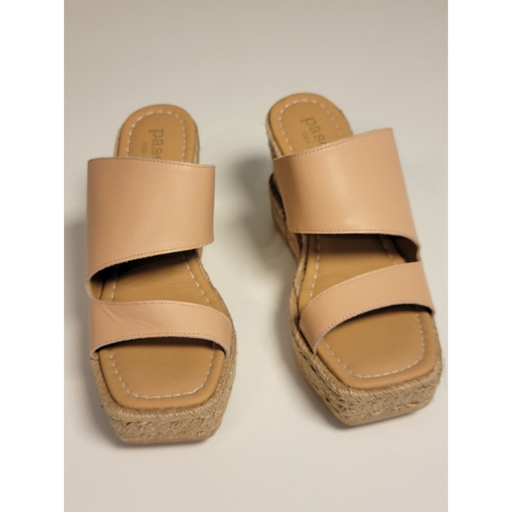 Paseart Made in Spain Nude Leather Espadrille Wedge Sandals Square Toe Slides